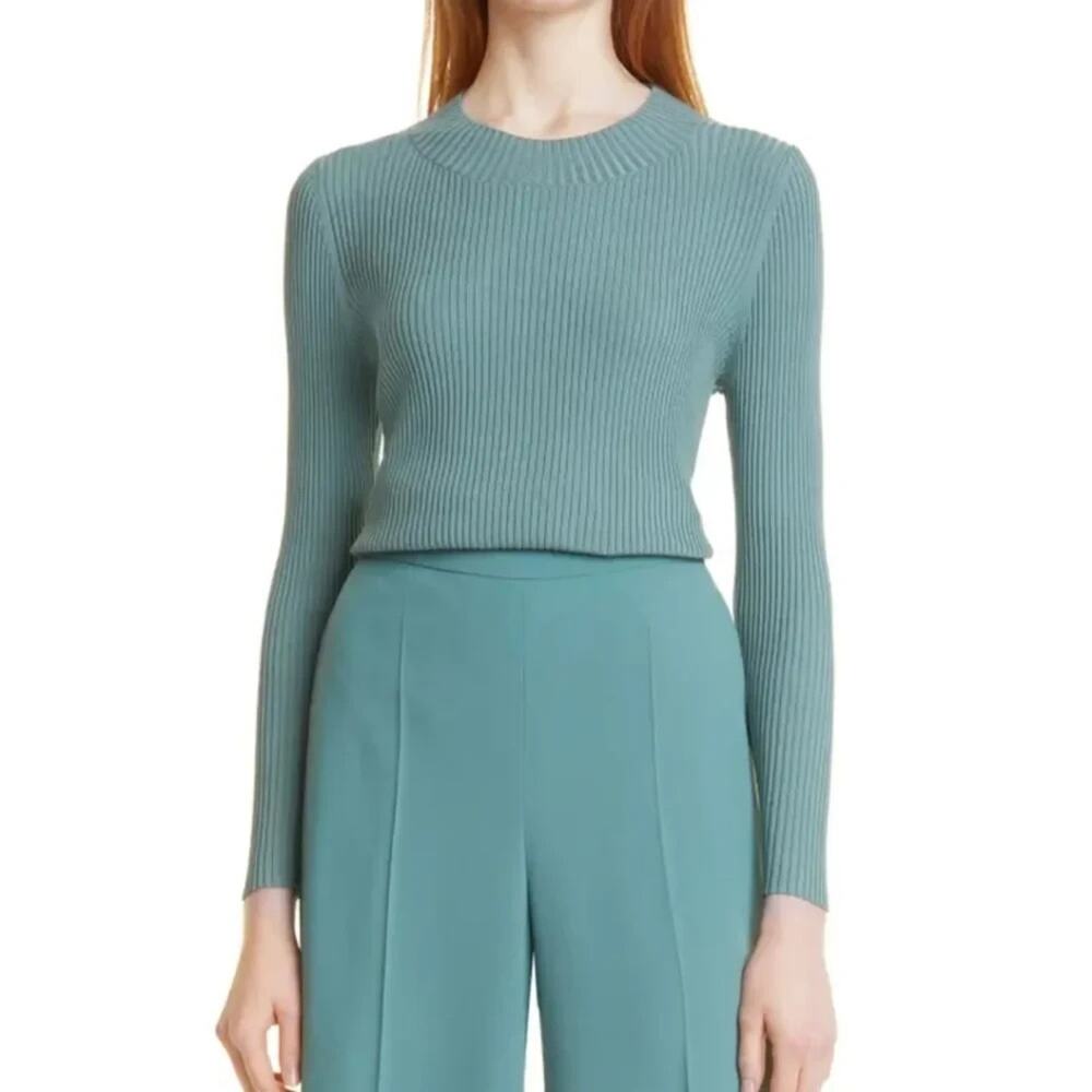 Hugo Boss Fumna Knit Ribbed Keyhole Sweater Top Long Sleeve Pastel Green Crew XL